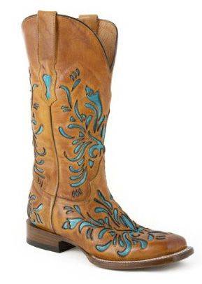 Stetson Square Toe Underlay Boots - Ladies, Tan/Turquoise