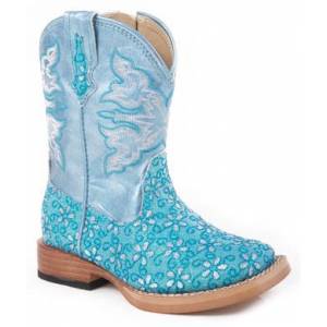 Roper Faux Leather Floral Glitter Boots - Infant, Turquoise