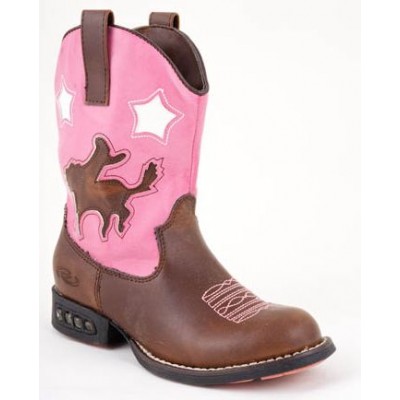 Roper Faux Leather Bronco Western Lights Boots - Kids, Brown/Pink