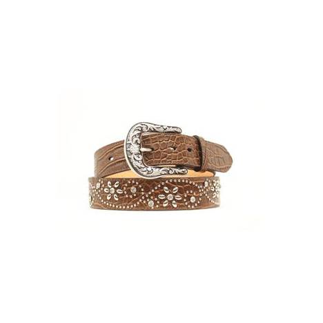 Ariat Croc Prnt Crystal Flower Belt - Ladies, Brown